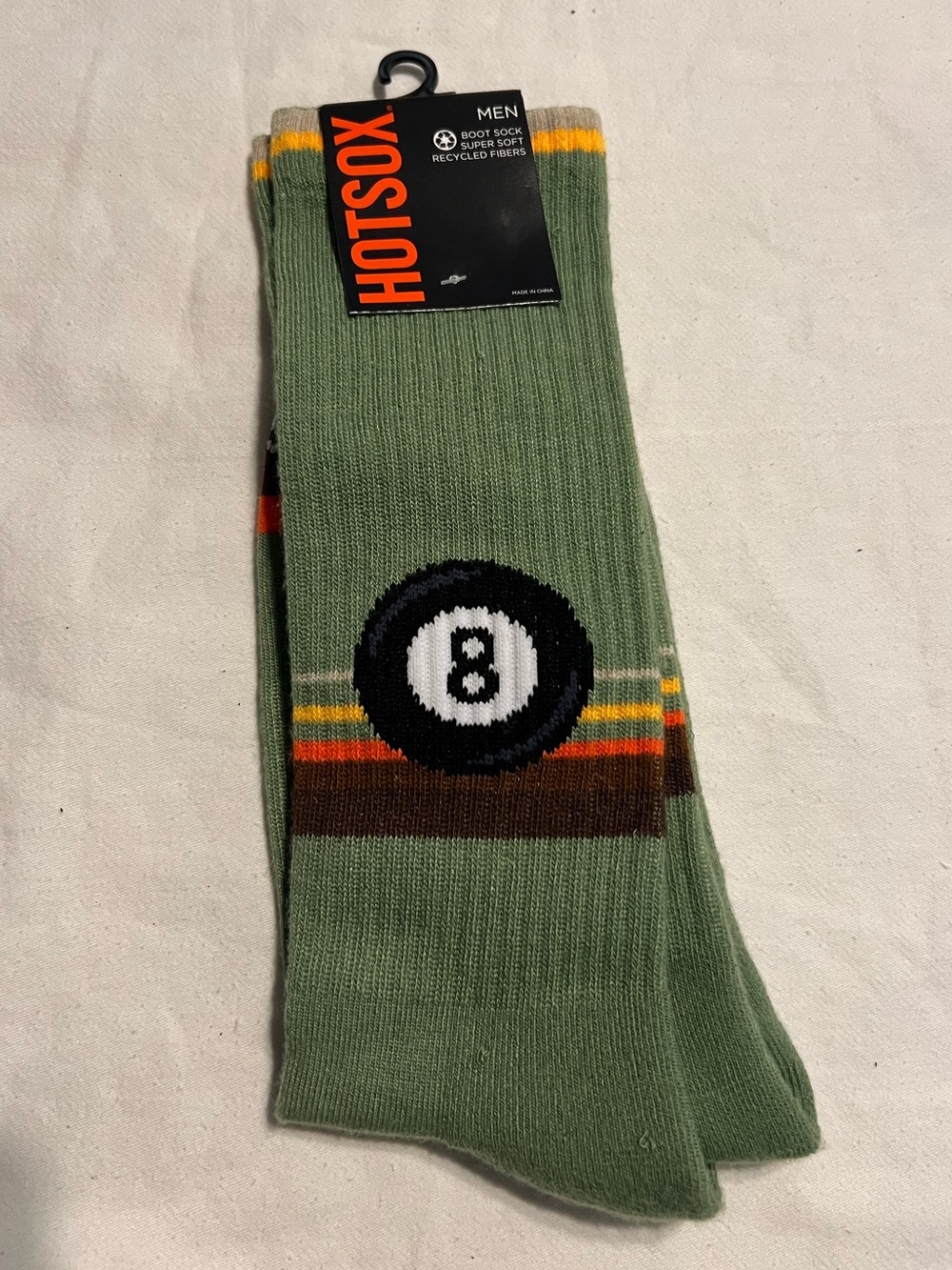 Hot Sox Olive Green 8-Ball Crew Socks with Retro Stripes